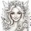 Placeholder: fairy with flowers, beautiful face, mischievous, smile, each image face is unique, Mariola Budek art style, coloring page style,8k, black and white, smooth edges, each image unique, smooth ink line, the blonde, each image is unique, view, each image is unique style, each image is unique design,