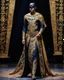 Placeholder: Full length picture A Batman in a luxury fashion man batik traditional pattern javanese heritage dress with delicate gold and full diamonds colored crystal jewelry, walking on stage