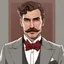 Placeholder: a portrait of german man wearing formal attire. wavy dark auburn medium hair. lighter skin. black eye pupils. big nose. detailed. high tense background. mustach and short beard. grey suit with red bowtie