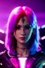 Placeholder: Smirking Cyborg anime assassin, light magenta hair, blue eyes, dark clothing, waist up portrait, 8k resolution, intricate details, ornate details, soft lighting, vibrant colors, retroanime, masterpiece, intricate eyeliner, dark eyeshadow, eyes, intricate tattoos, futuristic cityscape background
