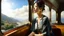 Placeholder: Neoclassicism japanese woman looking at window happy to sky in train realistic cote d'azur painting