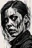 Placeholder: create a deep powerful tragic and evocative, full body woodcut of a raw and weathered gothpunk female with highly detailed facial features, lost in a horrific post apocalyptic world, in the style of KATHE KOLLWITZ , searing lines and forceful strokes