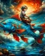 Placeholder: dreamlike, Esao Andrews-esque scene where a barefoot boy in tattered overalls rides atop a colossal, iridescent koi fish through a surreal twilight lagoon, his arms wrapped around the fish's sleek, glistening body as if it were a trusty steed. The fish's scales shimmer with impossible huespearlescent blues melting into burnt orangeswhile its fins fan out like delicate silk banners torn from some celestial tapestry. Around them, the water refracts into liquid prisms, distorting reflections of gna