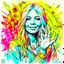 Placeholder: sketch illustration, tie dye wearing pretty hippie woman with a flower in her long blonde hair giving the victory sign with fingers, background is psychedelic zentangle, groovy neon acid wash, peace signs, ink splatter, by Russ Mills and Alex Grey