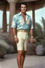 Placeholder: Elvis Presley/Lee Majors/George Reeves with medium length bob-styled brown hair, a mustache, wearing a Hawaiian shirt and Bermuda shorts- well-lit, UHD, 1080p, professional quality, 35mm photograph by Scott Kendall