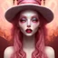 Placeholder: Beautiful pink witch made of fire with red eyes. Long curly wild pastel pink hair. Pink and red eyeshadow. Red lipstick. Pale skin with freckles and a round face. Big pink witch hat.