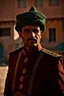 Placeholder: A man dresses in Turkmen uniform. Batman head Kurdish city .cinematic. High details. Portrait image