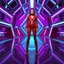 Placeholder: A sleek sci-fi portrait of a model in bold red attire standing in a high-tech terminal. The background features intricate glowing neon panels in violet and cyan. Architectural geometric lines create a sense of depth, with a polished, reflective floor enhancing the high-tech aesthetic. Sharp focus, vibrant color palette, digital art style.
