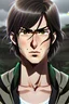 Placeholder: Realistic illustration of Eren Yeagar from Attack On Titan anime, in his 20s, shoulder-length hair, green eyes, wheat-colored skin, black long cardigan, gray t-shirt, black pants, black shoes