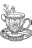 Placeholder: Outline art for coloring page, TEACUP WITH TEA INSIDE IN A FANCY PLACE SETTING WITH SPOONS, coloring page, white background, Sketch style, only use outline, clean line art, white background, no shadows, no shading, no color, clear