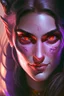 Placeholder: purple skin, glowing fiery eyes, smirk, soft female face, beautiful, graceful