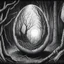 Placeholder: once upon a time in a distant egg garden hidden in the dark forest of loneliness and the fringe, an egg on the center of the scene was struggling to break and open. Impressionistic style, sketch drawing, horror. Black and white lines rich deep colors, painting, intricate artwork, detailed, in the style of T Allen Lawson and Ian Fisher and Sidney Richard