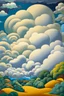 Placeholder: A white sky with puffy clouds designed in Mayan architecture painted by Thomas Hart Benton