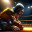 Placeholder: wrestler in the ring doing a piledriver on a scarecrow, 4 k, down-light, soft light, depth of field, photo realism, trending on art station, high detail, spray paint