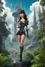 Placeholder: Photorealistic, Full Body Photo Of A Sci-Fi Pin-Up Girl, With Dark Hair and bangs, On An Alien sci-fi jungle Planet With Cloud Trees, Tall Spires, Buildings, Bridges, Arches