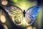 Placeholder: diaphanous transparent light butterfly with glowing center on dark grey leaves, ethereal, otherwordly, cinematic postprocessing, bokeh, dof