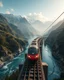 Placeholder: distance view Realistic Photography Panoramic style electric bullet train, atmospheric beautiful electric bullet train, rides in stunning bridge river and mountain landscape, mountain gorge, bright color palette, high detail, perfect composition, cinematic shot, intricate details, hyperdetail