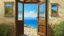 Placeholder: Painting depicting an open door leading to a serene ocean view. The layout features a symmetrical composition, with two Corten steel doors flanking the scene, each adorned with metal snakes and rustic textures. Behind the doors, a cobblestone courtyard leads to a low stone wall where a woman sits. Beyond the wall, the ocean stretches out under a brilliant blue sky dotted with fluffy white clouds. The essence of a coastal retreat.