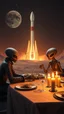 Placeholder: Elan musk and 3 aliens sitting on table having a dinner on Mars , in the background spaceX rocket