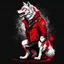 Placeholder: anthropomorphic wolf full body art illustration black background red and white color full body