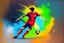 Placeholder: Oil painting, full body of a soccer player, he is kicking the ball, the ball is flying, bright but not neon colours, dynamic lines, dynamic blobs, spots, lines in the background of the character, splash like a colour explosion