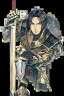 Placeholder: A handsome 30 year old knight, black hair, male bob haircut, in black-and-gold plate armor, golden katana in both hands, no beard, european, proper arms