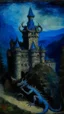 Placeholder: A dark blue castle with a benevolent dragon guarding it painted by Claude Monet