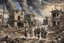 Placeholder: A realistic painting of families returning to their town after a war destroyed almost everything. The houses are bombed and in ruins and the people are very depressed.