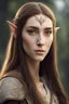 Placeholder: young elven woman with an ordinary face, short brown hair and brown eyes, wearing simple commoner dress