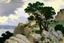 Placeholder: Cloudy day, rocks, trees, edouard manet painting