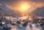 Placeholder: highly detailed small village scene, sunrise, illustration, background snowy mountains, cinematic lighting, 4k, 8k, octane render, digital concept art, trending on artstation, pinterest, extremely detailed, ambient lighting.