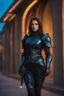 Placeholder: A full photo of a girl in modern black armor, , fantasy art, concept art, futuristic, 8k high resolution, extremely detailed armor, , blue hour