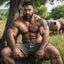 Placeholder: extreme close up of a 28 year old turkish farmer tattoed, sturdy, hairy very muscular beefy, with very short beard ,dreadlocks , big nose, big shoulders , big arms, relaxes sitting leaning against a tree in the middle of a meadow full of pigs, shirtless with ruined old shorts, strong and muscular hairy legs, bare feet, photorealistic bucolic scene, view from the bottom, looking at camera