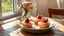 Placeholder: close up three delicates tart cakes filled citrone creme top strawberry, on a nice ceramic plate on a wooden table. professional food photo, Natural, warm sunlight streams in from a window on the left, casting pleasant shadows and creating a cozy, vase with meadow flowers, relaxed morning atmosphere