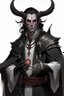 Placeholder: En Young male Pitch Black skin black hair tiefling Wizard with large horns glowing Silver and White symbols Everywhere on his body. He's wearing silver and White Rope and a silver cloak. His horn a perfectly place on acet from the front to the back pointing upwards with glowing Red cat Eyes. His close is elegant get simple his horns Are Same size.