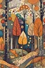 Placeholder: random color Zentangle patterns in the styles of Gustav Klimt ,Wassily Kandinsky, Paul Klee, and Kay Nielsen that depicts a a remote autumn forest glade, with fine ink outlining