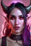 Placeholder: A portrait of a beautiful young female tiefling bard with deep red skin, fiery glowing eyes. A pair of symmetrical horns are protruding from her forehead. She has long black hair tied up in a ponytail and sidebangs.