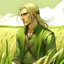Placeholder: middleage male, soft features, long blonde hair, green clothing decorative wheats, on a field, drawn