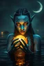 Placeholder: A mystical blue-skinned elf sorceress with glowing golden eyes emerges from a dark enchanted lake under a crescent moon, holding a radiant golden orb emitting magical energy, intricate tattoos and runes on her face, sharp elf ears, wet braided hair, cinematic lighting, ultra-realistic fantasy portrait, hyper-detailed, 8K, dark mystical atmosphere, fantasy art style by Weta Digital, Greg Rutkowski, and Artgerm.