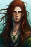 Placeholder: scaly wet pirate nereid male with freckles and seaweed in long auburn hair