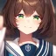 Placeholder: Clear focus,High resolution, brown short fluffy hair, long fluffy bangs, and green eyes, Depressed girl, wearing a sailor uniform, Smug smile, half closed eyes, smile, Extreme close up,