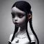 Placeholder: jenna ortega, wednesday addams hair style, wednesday make up, wednesday addams black dress, cinematic, wednesday style, hyper detail, 8k resulation