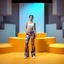 Placeholder: picture of lady with a top and cifi pants stye design posing in a 3d recursive structures stage