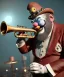 Placeholder: mechanoid old friendly fat clown with trimmed beard playing jazz with a steampunk theme, trumpet, realistic