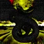 Placeholder: Oddball horror, color glitchy photograph featuring dark negative space, TEXT "SARDONIC HARMONY", creeping nihilism, segmented illustrative sectioning, anthropomorphic shambling feathery snake creature with a featureless black round head with a white spiral pattern, comet with a fiery vapor train hurtling to earth, foreboding, background a surreal field, 'Beetlejuice' style aesthetic