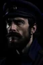 Placeholder: HENRY CAVILL, SEA CAPTAIN, BEARD, WITH A MILITARY CAPTAIN HAT, curly HAIR, DARK, DARKNESS, PURPLE, OCCULT