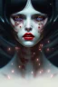 Placeholder: girl, cute, beautiful, white eyes, red lips, black hair with bangs, goth, close up portrait by Greg Rutkowski