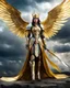 Placeholder: Length image An photography epic and realistic photography full body image of, a beautiful queen, a film character with large white wings, holding a shining golden sword, wearing colors mechanical Warcraft armor with gold details,luxury booth shoes, against a background of a cloudy sky with sunlight breaking through the darkness clouds,thunderstorm, in a stand dramatic pose, looking like a hero ready for an epic adventure.