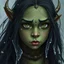 Placeholder: A digital illustration shoot from a portrait camera angle of an orc girl with dull green skin, she is an 9 year old orcish child and has long black hair, Fantasy, ice