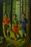 Placeholder: 1970's dark fantasy cover dnd style oil painting of seinfeld in the woods in sport outfits with minimalist far perspective.